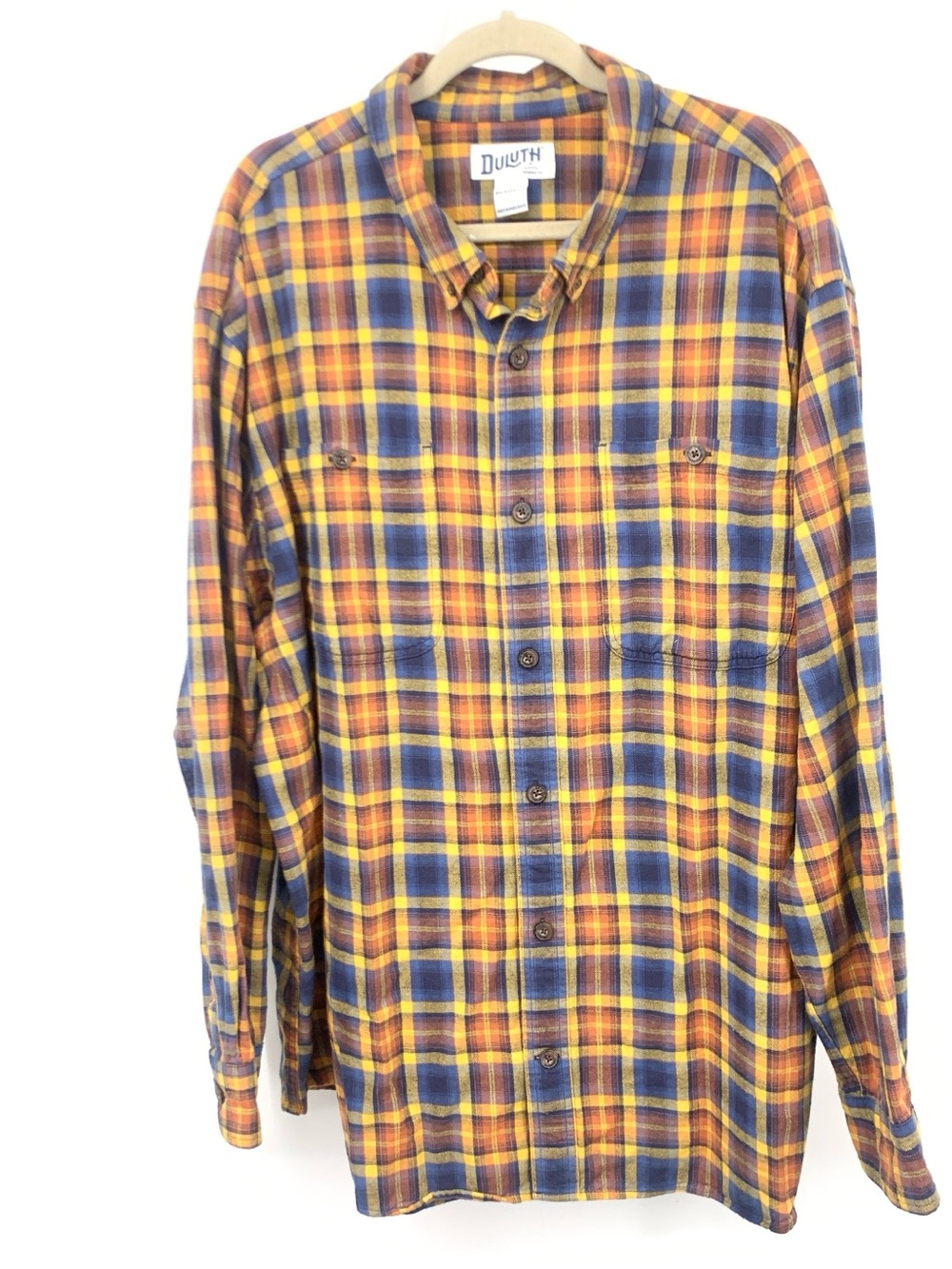 Duluth Trading Men Size 2XL Shirt Yellow Blue Flannel Button Down Top Cotton